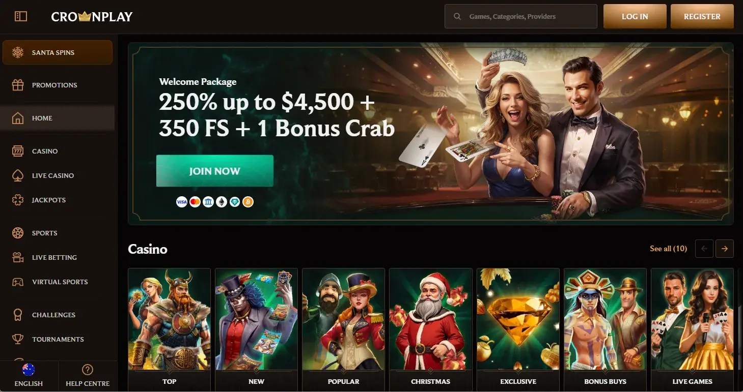 CrownPlay casino homepage showing a featured promotion area and casino game selection