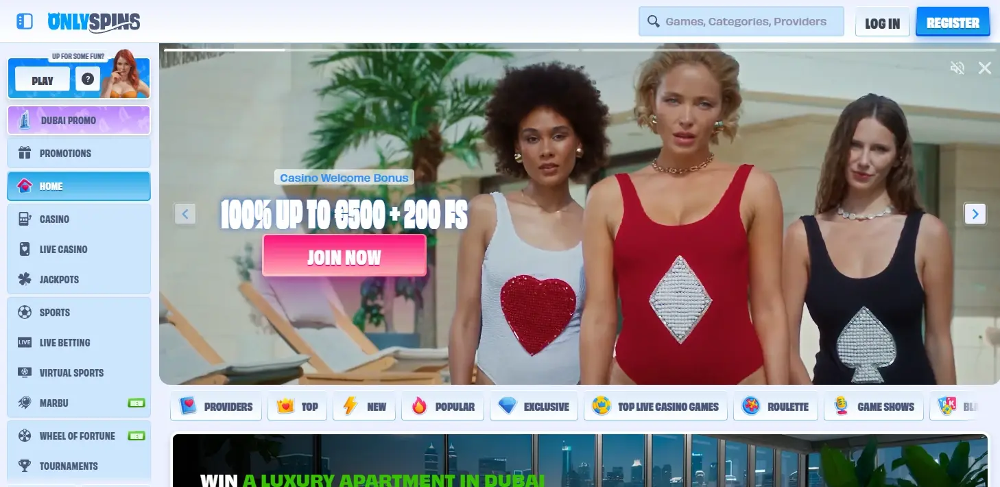 OnlySpins casino homepage with promotions, and game navigation